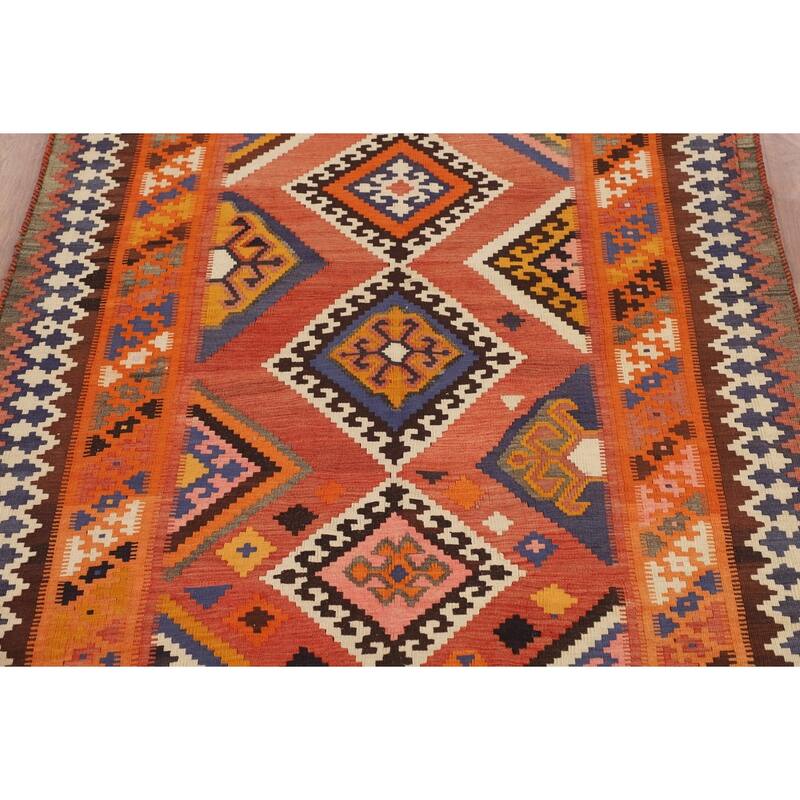 Orange Kilim Qashqai Persian Vintage Area Rug Hand-Woven Wool Carpet - 5'2"x 8'11"