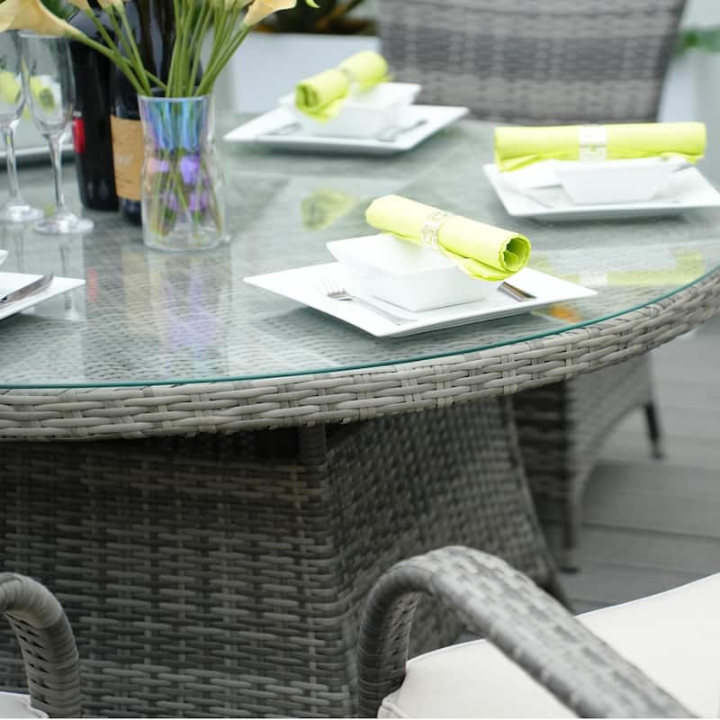 All-Weather Aluminum Woven Rattan Round Dining Table with Umbrella Hole and Tempered Glass Top