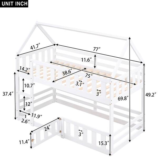 dimension image slide 0 of 2, Twin over Twin Solid Pine House Bunk Kids Bed Frame with Fence and Door, Grey
