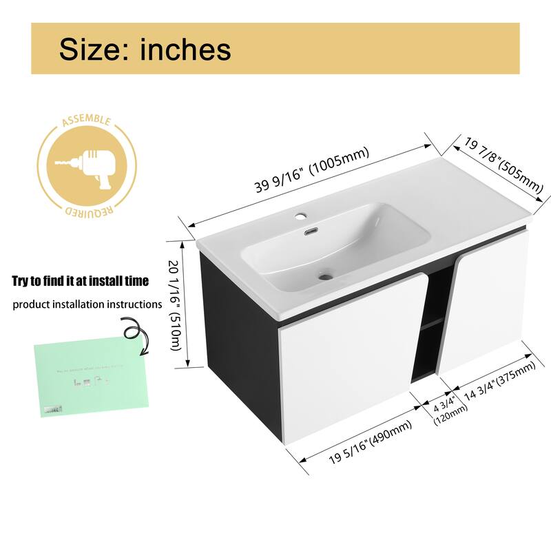 Malwee 32"/36"/40" Floating Bathroom Vanity with Sink, Wall Mounted Bathroom Vanity with Soft Close Doors and shelf