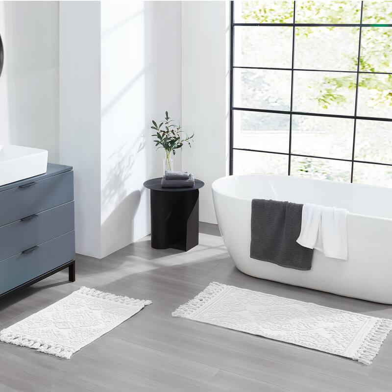 Jean Pierre Ricardo Cotton Fringe 2-Piece Bath Rug Set - 17" x 31"/21" x 41" - White