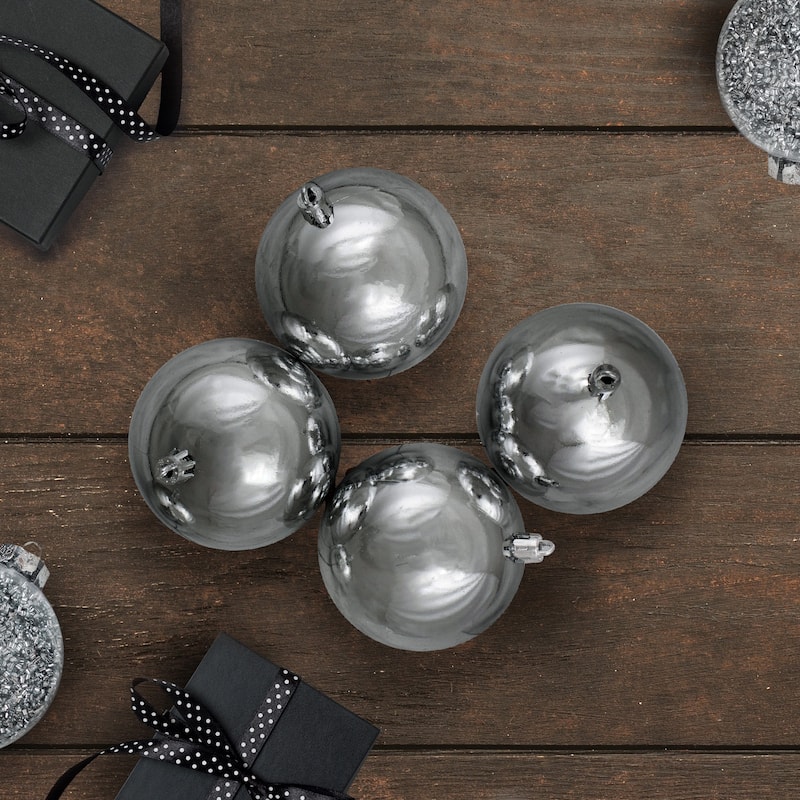 12ct Pewter Gray Shatterproof Shiny Christmas Ball Ornaments 4" (100mm)
