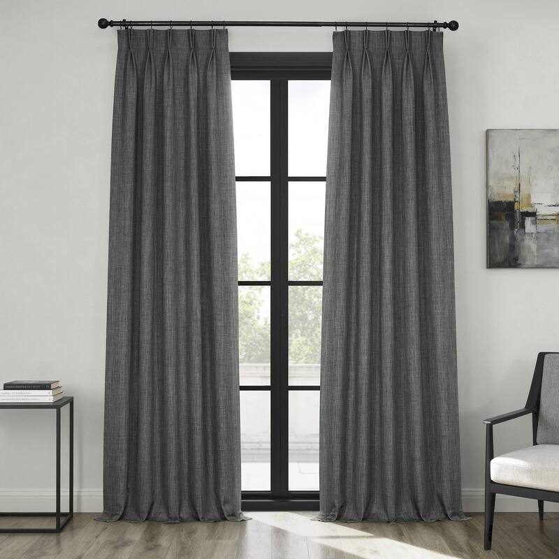 Exclusive Fabrics French Pleated Textured Faux Linen Room Darkening Curtains for Bedroom & Living Room Curtains (1 Panel) - 25 X 96 - Dark Gravel