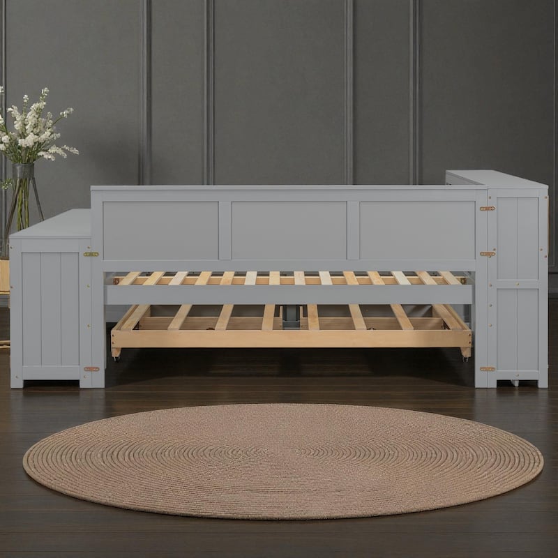 Full Size Daybed with Storage Shelves, Drawers, Trundle, Desk, Cabinet, LED Light and Charging Station, Pine Wood Frame