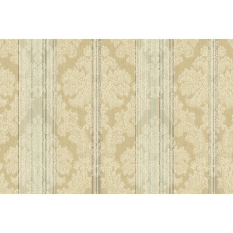 Seabrook Designs Nadia Striped Damask Unpasted Wallpaper - 27 in. W x 27 ft. L - Metallic Khaki & Sky Blue