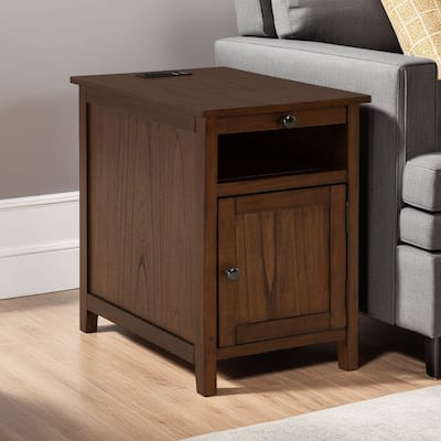 Gena Side End Table, Shelf and Pull Out Tray, Brown Solid Wood 24 Inch