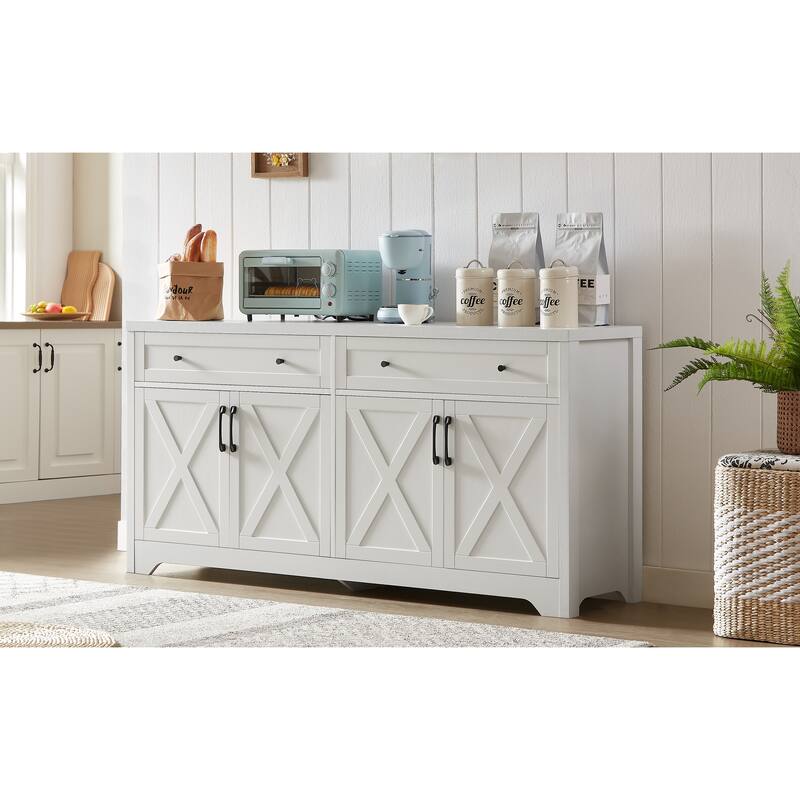 Sideboard Buffet Cabinets with 4 Door, Kitchen Storage Cabinets, Wood Coffee Bar Tables w/ Shelf, Accent Console for Living Room