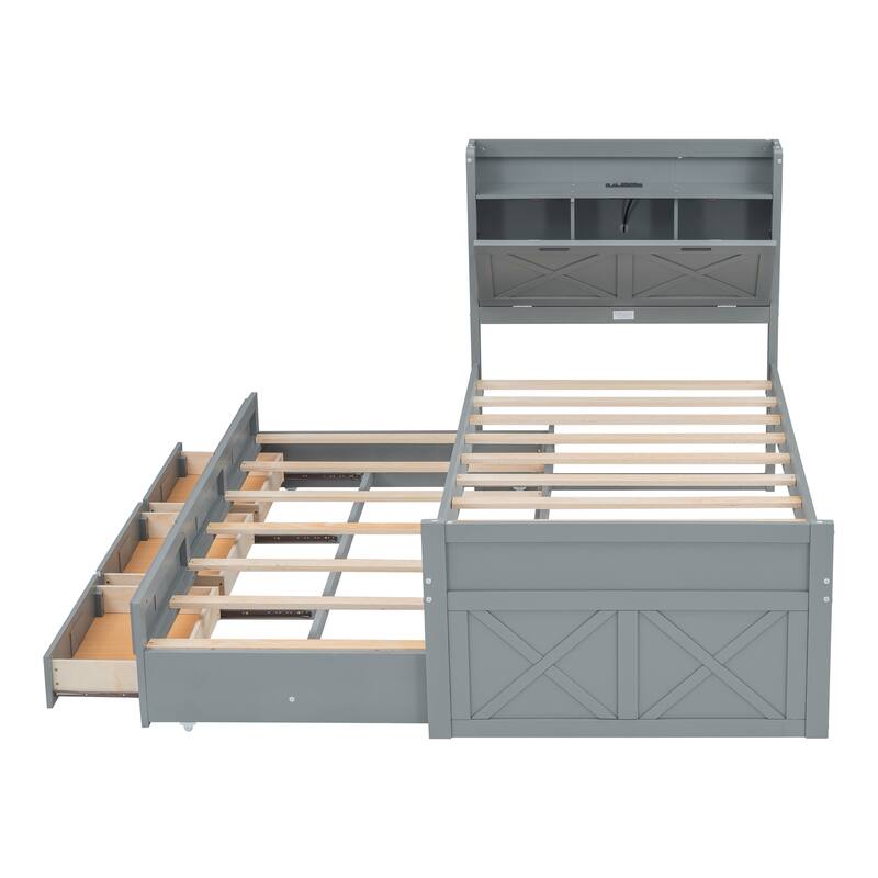 Space-Saving Twin/Full Extendable Bed with Trundle, Storage Headboard with Outlets, and Three Drawers