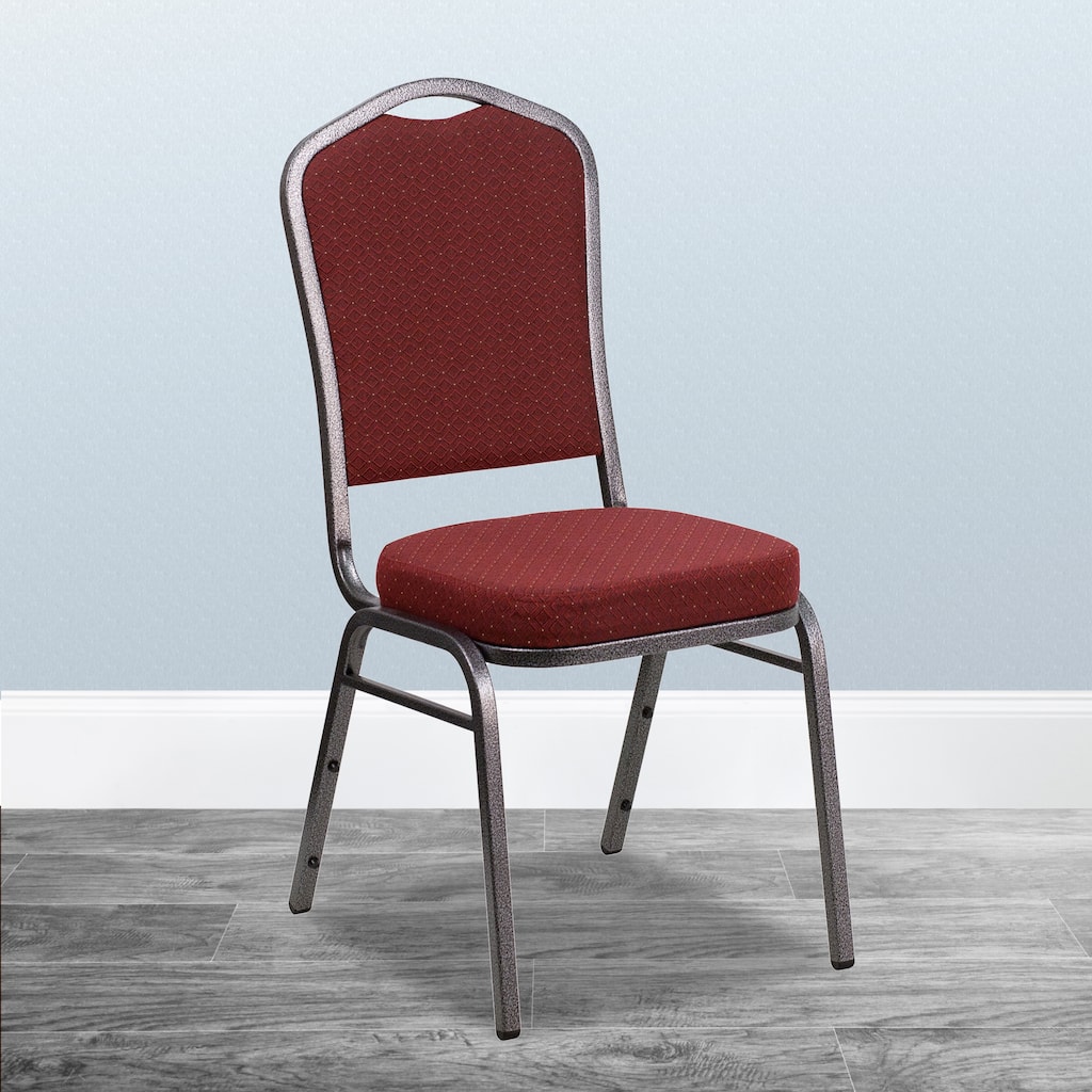 Hercules Series Crown Back Stacking Banquet Chair with Burgundy Patterned Fabric and 2.5-inch Thick Seat and Silver Vein Frame