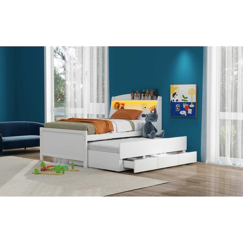Twin Size Platform Bed with Storage LED Headboard, Twin Size Trundle and 3 Drawers, White