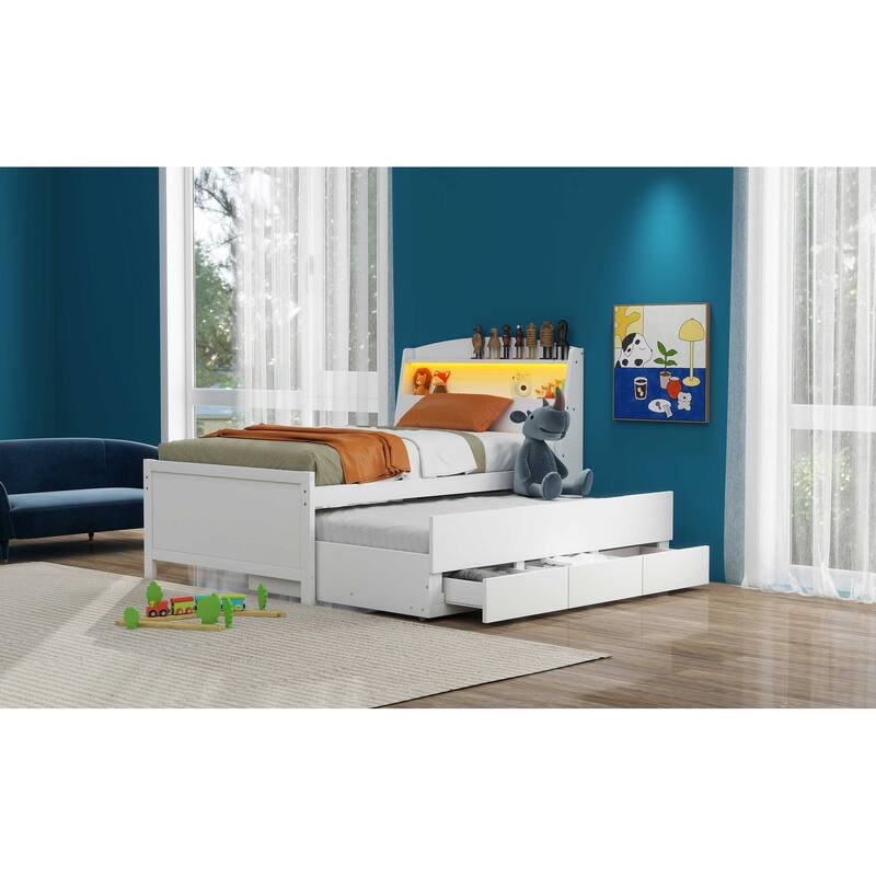 Twin and Full Size Platform Bed Frame with LED Headboard, Trundle and 3 Storage Drawers, Space Saving Design for Bedroom