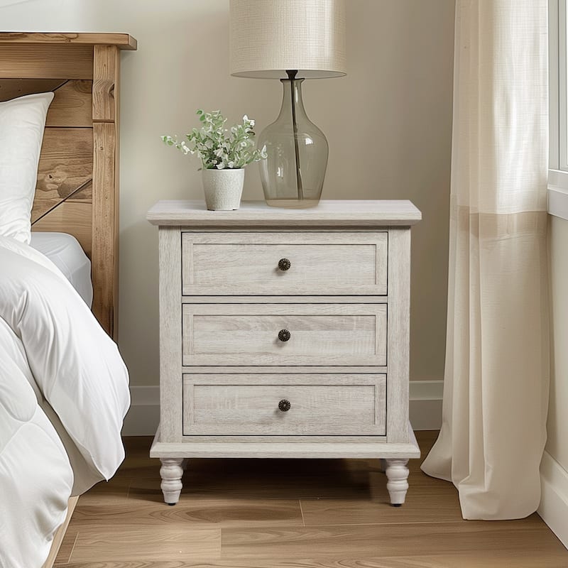 Wood 3-Drawer Nightstand with Rustic Finish and Storage - White