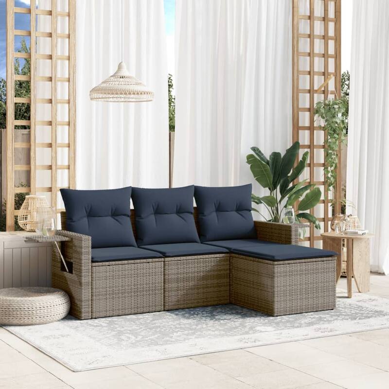 vidaXL 4 Piece Patio Sofa Set with Cushions Grey Poly Rattan - 21.7 x 24.4 x 27.2