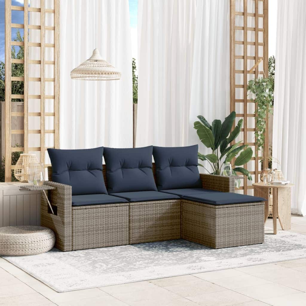 vidaXL 4 Piece Patio Sofa Set with Cushions Grey Poly Rattan - 21.7 x 24.4 x 27.2