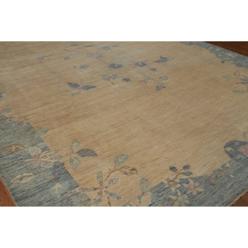 Hand Knotted Oriental 100% Wool Carpet Traditional Floral Beige & Ivories Art Deco Area Rug - 13' 5'' X 9' 8''