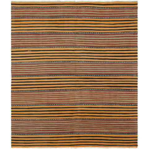 ECARPETGALLERY Flat-weave Bohemian Dark Red, Light Orange Wool Kilim - 4'11 x 10'1