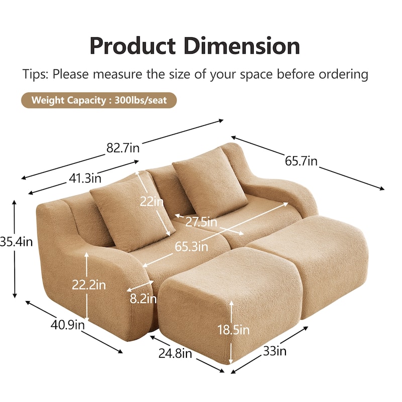 Anmytek Plush Boneless Teddy Fabric Chaise Lounge Sofa - Ergonomic Curved Armrests