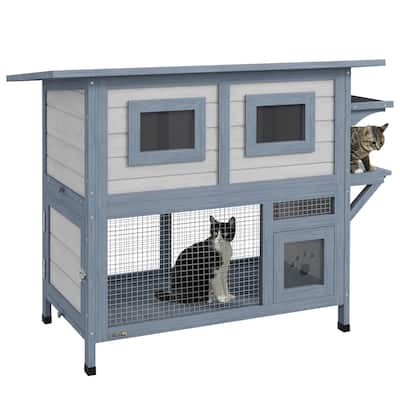 PawHut Outdoor Cat House, 2 Tier Weatherproof Feral Cat Shelter with Escape Door, Asphalt Roof, Jump Platform - LIGHT GREY