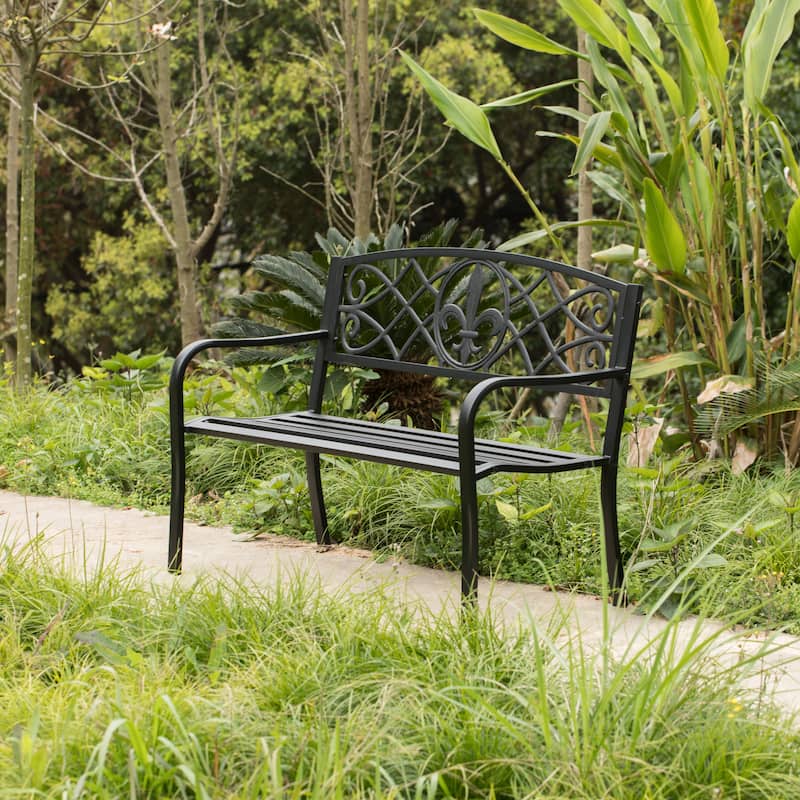 Outdoor Garden Patio Steel Park Bench Lawn Decor with Cast Iron Unique Design Back, Black Seating Bench for Yard, Patio, Garden