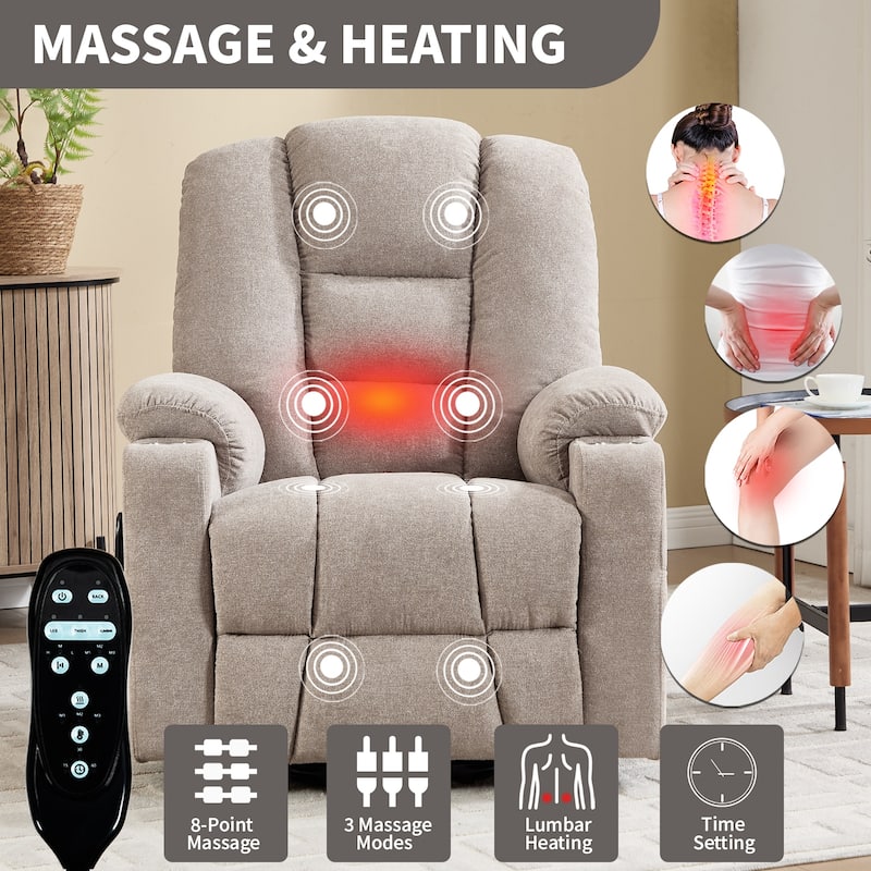 Power Lift Recliner Chair with Massage & Heat, Heavy Duty Electric Recliner, Recliner Chair with USB Ports & 2 Cup Holders