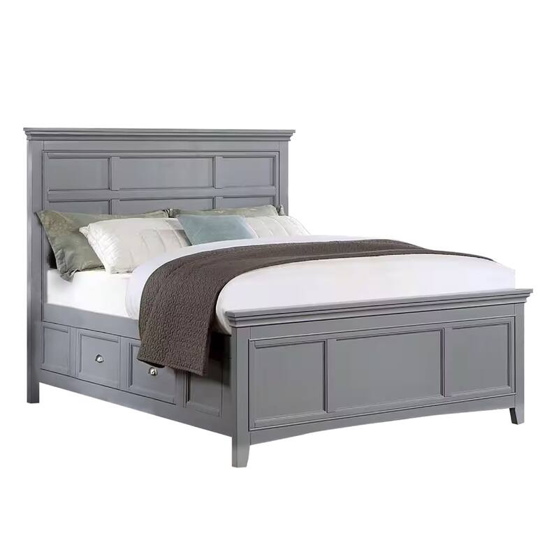 Lile King Bed with Crown Moulding, Storage Drawers, Gray Solid Wood