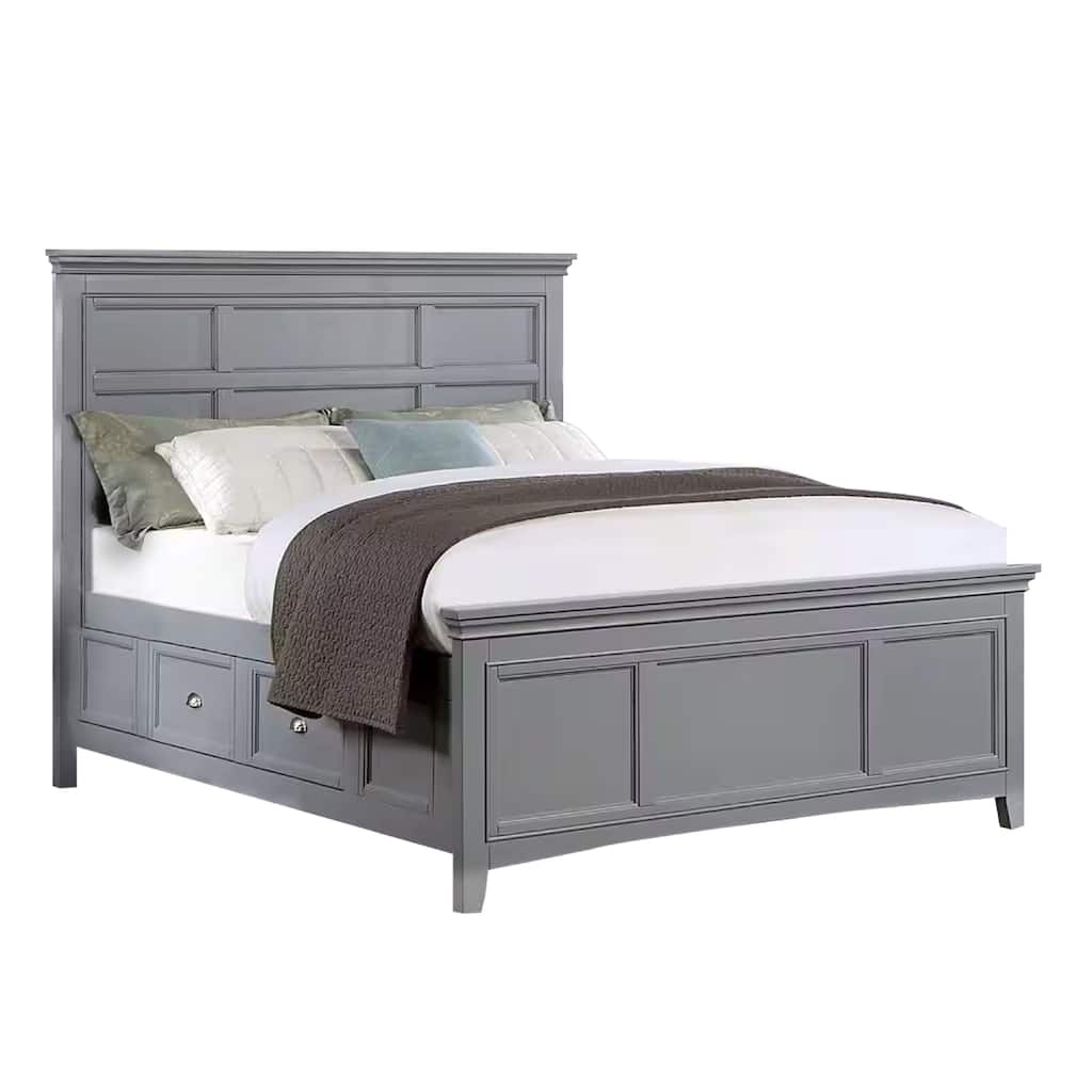 Lile King Bed with Crown Moulding, Storage Drawers, Gray Solid Wood