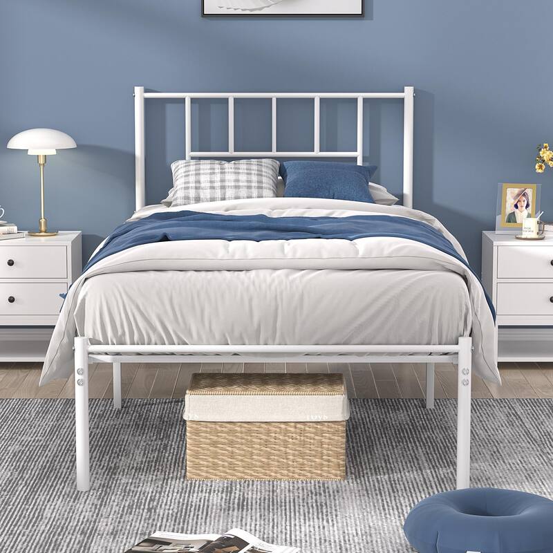 VECELO Victorian Style 14 Inch Metal Platform Bed Frame with Headboard, Heavy Duty Steel Slat Support, No Box Spring Needed - White - Twin