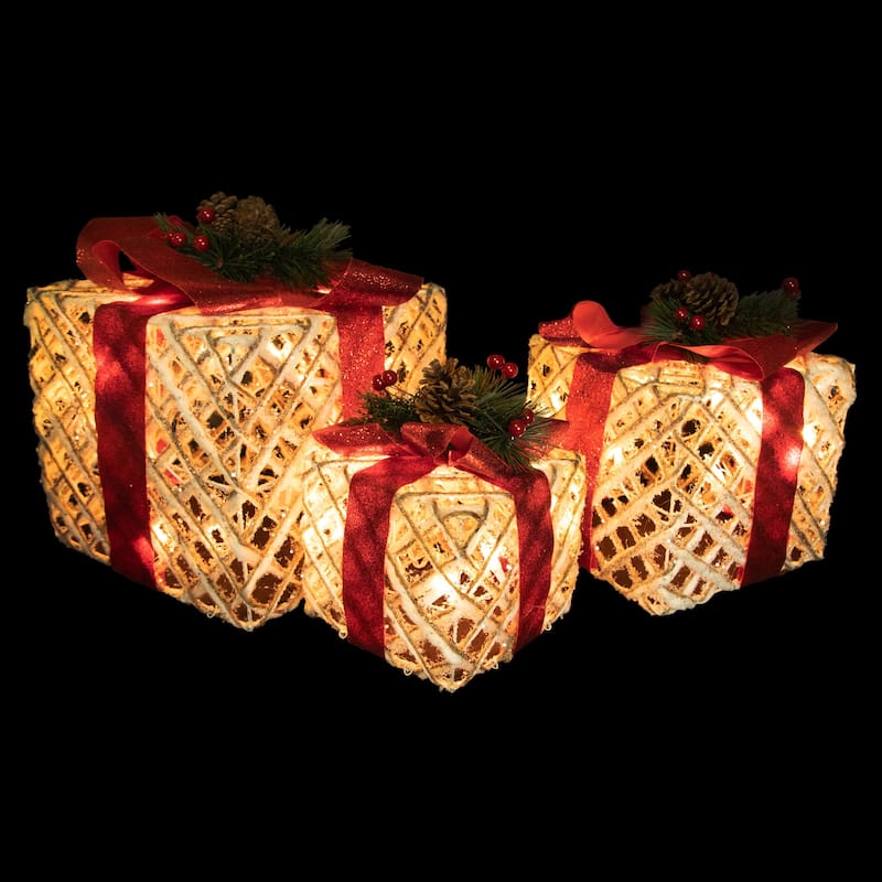 Set of 3 Lighted White Rope Gift Box Christmas Decorations 9.75"