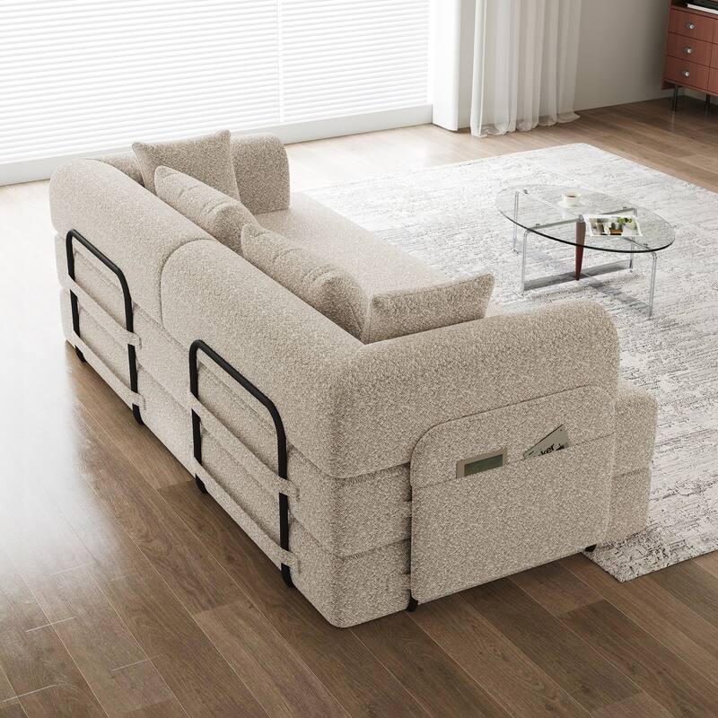 Chenille Convertible Sleeper Sofa Bed, Folding Sofa Bed with Cylindrical Pillow, Floor Upholstered Sofa with Side Pocket