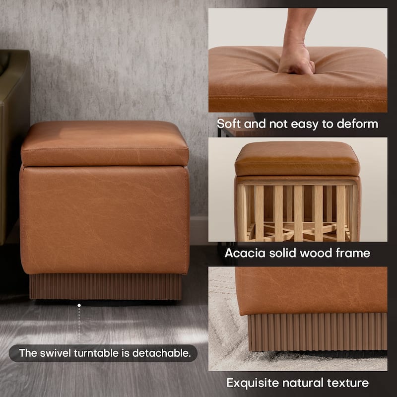 Swivel Storage Ottoman Bench Footstool with Flip-top and Acacia Frame