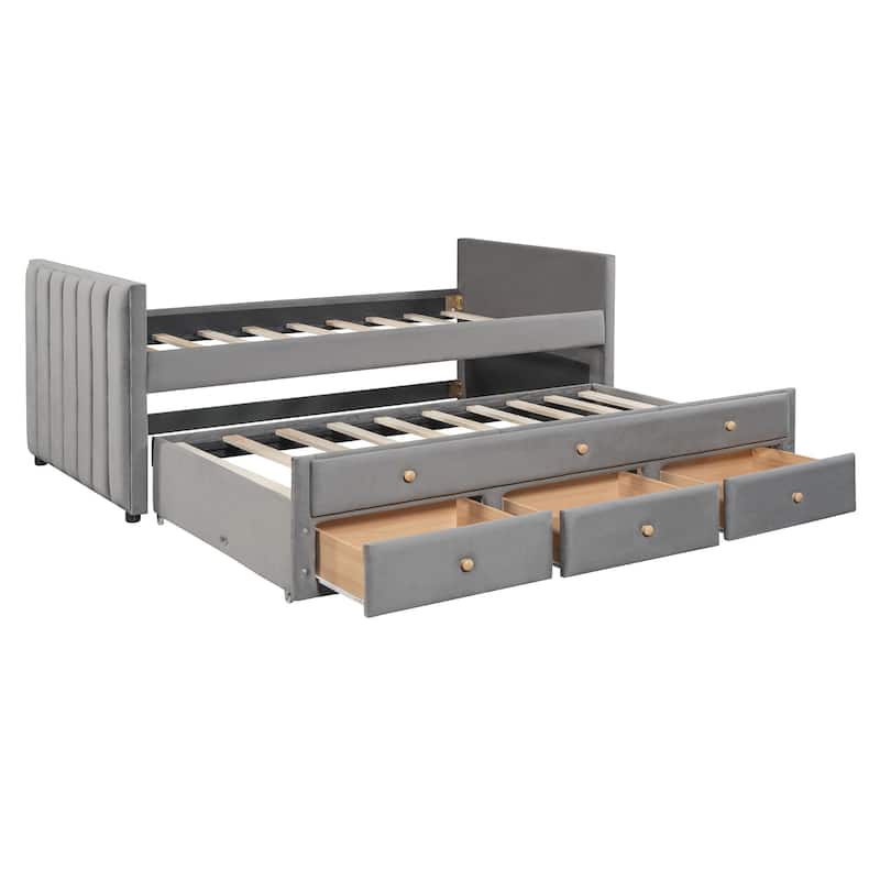 HomeRoots Dark Gray Tufted Velvet Upholstered Full Day Bed With Trundle And Drawers