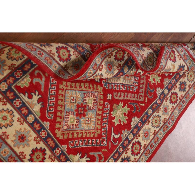 Red Geometric Kazak Foyer Rug Handmade Wool Carpet - 3'4"x 5'0"