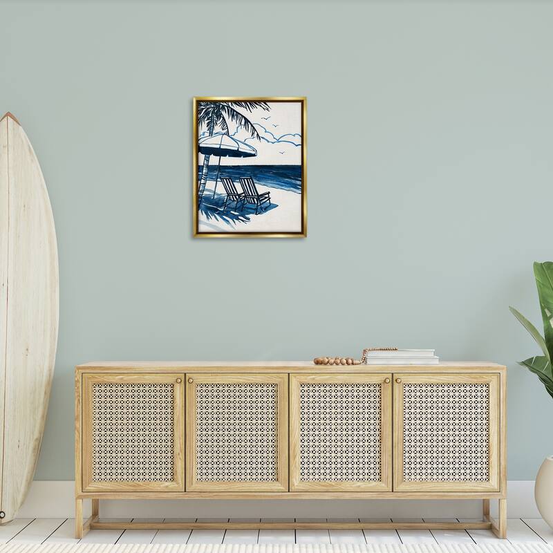 Stupell Blue Toned Tropical Beach Scene Framed Floater Canvas Wall Art Design By Carol Robinson