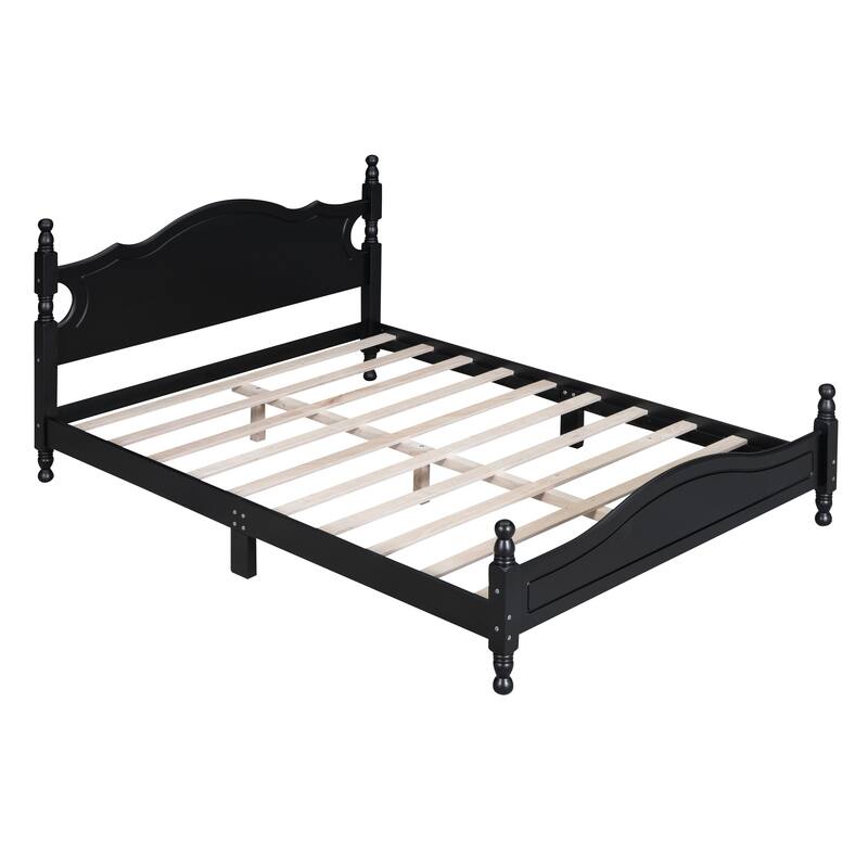 Queen Size Wood Platform Bed Frame, Retro Style Platform Bed with Wooden Slat Support