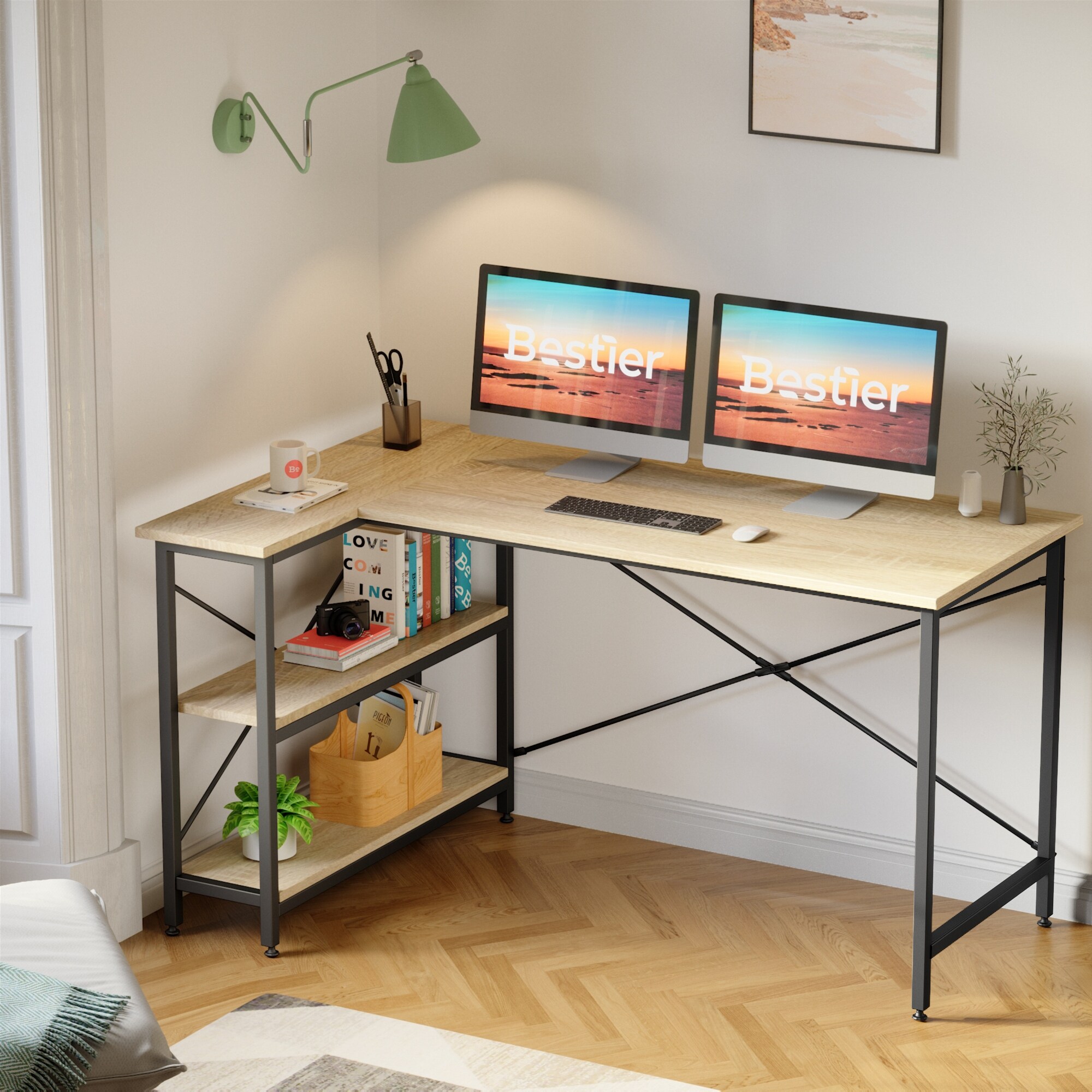 Small L-Shaped Corner Desk with Shelves 47 Inch Writing Desk Table with Storage Tower Shelf Home Office Desk for Small Spaces P2 Wood Brown Bestier Computer Desk with Storage Shelves Under Desk 