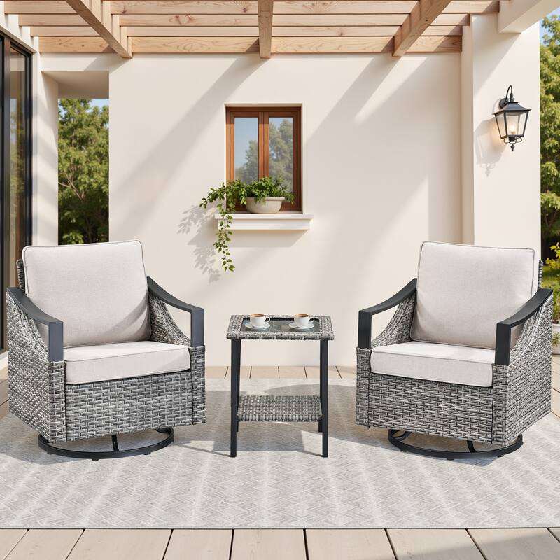 Pocassy Outdoor Sofa Swivel Patio Chair Table with Ottoman Set - Beige Cushion Gray Wicker - 3-Piece Swivel Chair with Side Table
