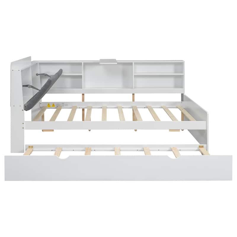 Wood Full Size Platform Bed with Trundle Storage Headboard and Shelves in Pine Wood