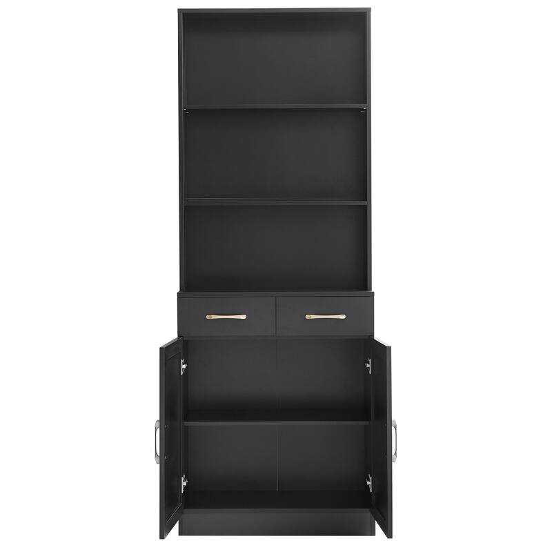 Bookshelf with Two Doors and Drawers, Adjustable Shelf, Three-layer Open Shelf