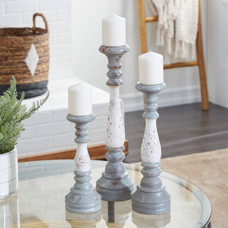 Black or Gray Aluminum Turned Style Pillar Candle Holder with White Accents (Set of 3) - S/3 20", 16", 12"H