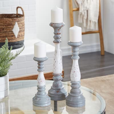 Black or Gray Aluminum Turned Style Pillar Candle Holder with White Accents (Set of 3) - S/3 20", 16", 12"H