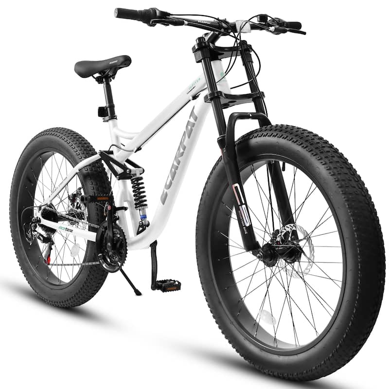26 inch Mountain Bike,Full-Suspension 21 Speeds Drivetrain with Disc-Brake MTB Bicycle,26*4" Fat tire Bike for Men - White