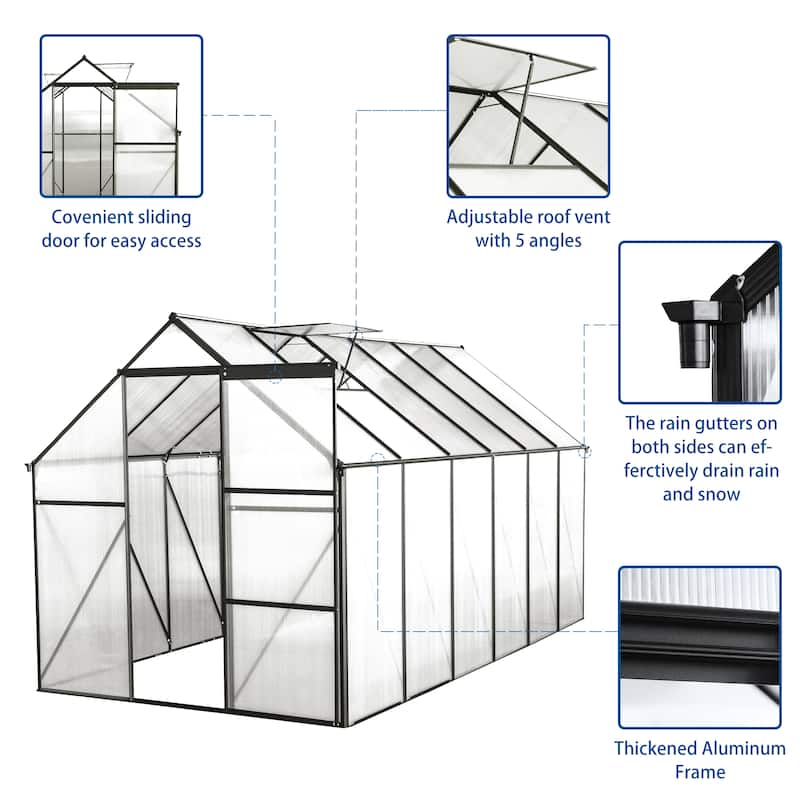 GDF Studio - Laussat Outdoor Aluminum Polycarbonate Greenhouse with Raised Base and Walk-In Design