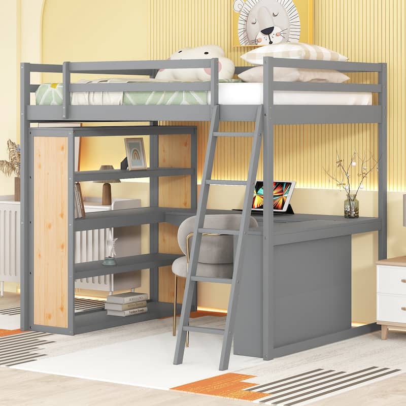 All-in-one Full Size Loft Bed Storage Bed with Writing Desk, Bookcase, Pull-out Drawer, Open Shelves, Ladder and Guardrail
