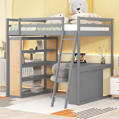 Full Size Loft Bed with Ladder, Shelves, Desk, and Storage, Ideal for Sleep and Study