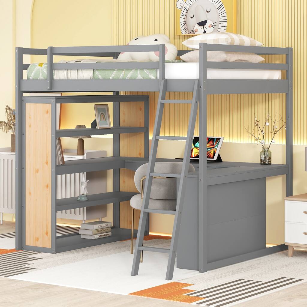 Gray Loft Bed with Desk, Shelves, Drawer, and Ladder, Full-Length Guardrail