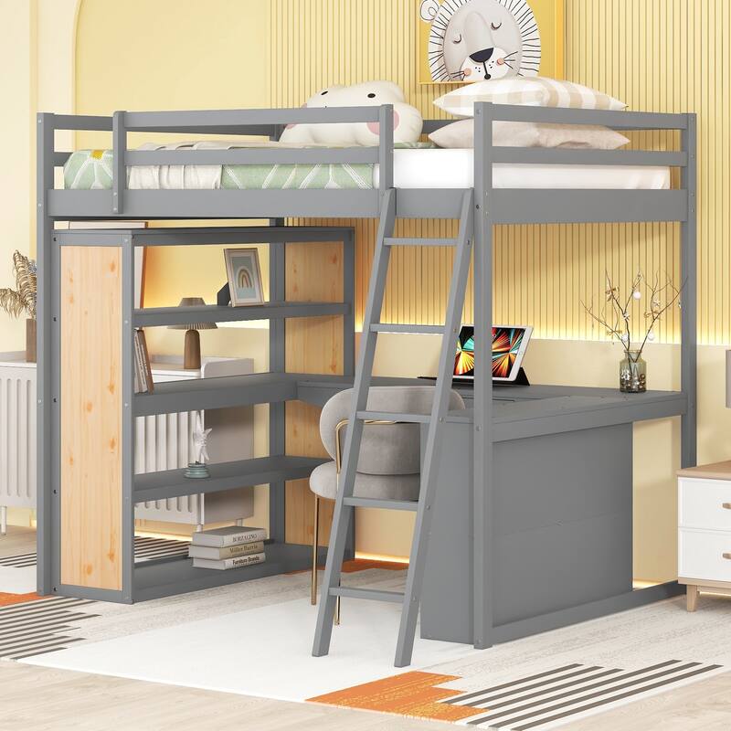 Wood Twin/Full Size Loft Bed with Built-in Desk and Shelves, Twin/Full Bedframe w/Full-Length Guardrails, for Kids Teens Adult
