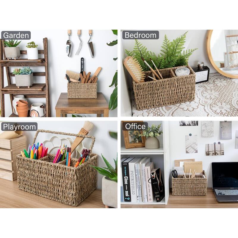 Hand-Woven Wicker Cutlery Holder with Handle, Flatware Basket Organizer