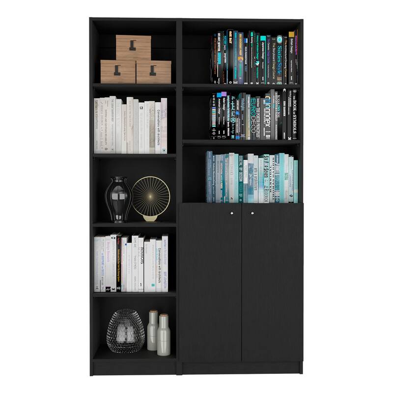71inch Black Five Tier Bookcase with Two doors