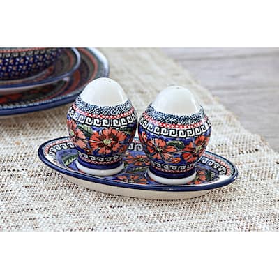 Blue Rose Polish Pottery 1282 Zaklady Salt & Pepper Shakers with Plate
