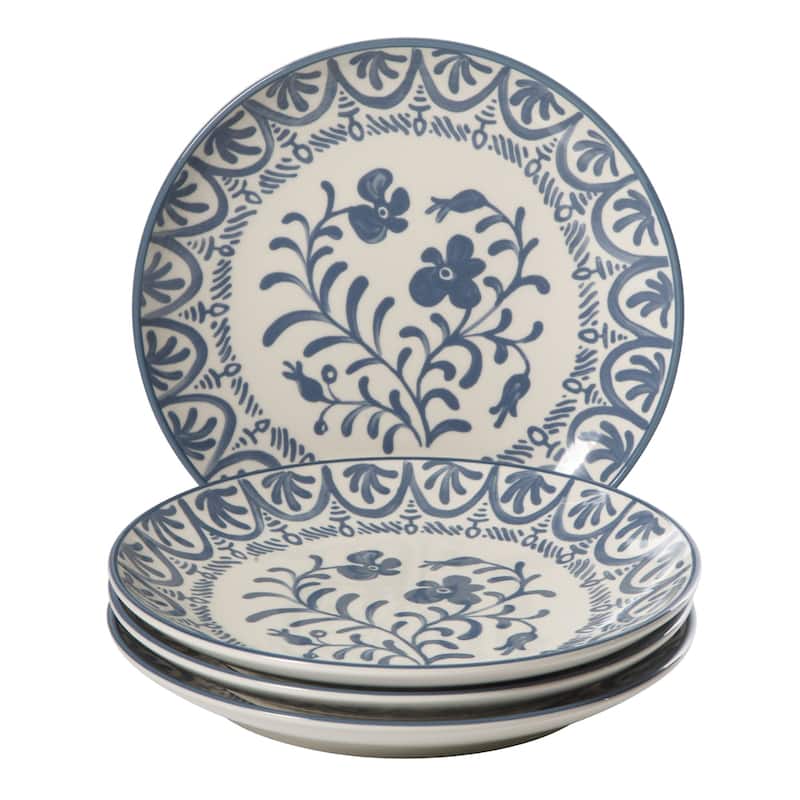 Bloomhouse - 2-Time Oprah's Favorite Things - Valencia Flor 4 Piece 10.75" Dinner Plate Set, Stoneware Floral Decal Design - Blue Iris